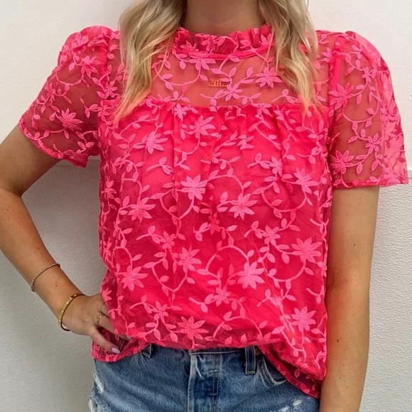 JODIFL Pink Floral Lace Blouse, NWOT - Picture 1 of 13